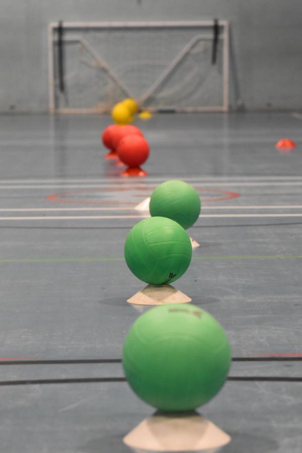 Colourful balls lined up in a sports venue.