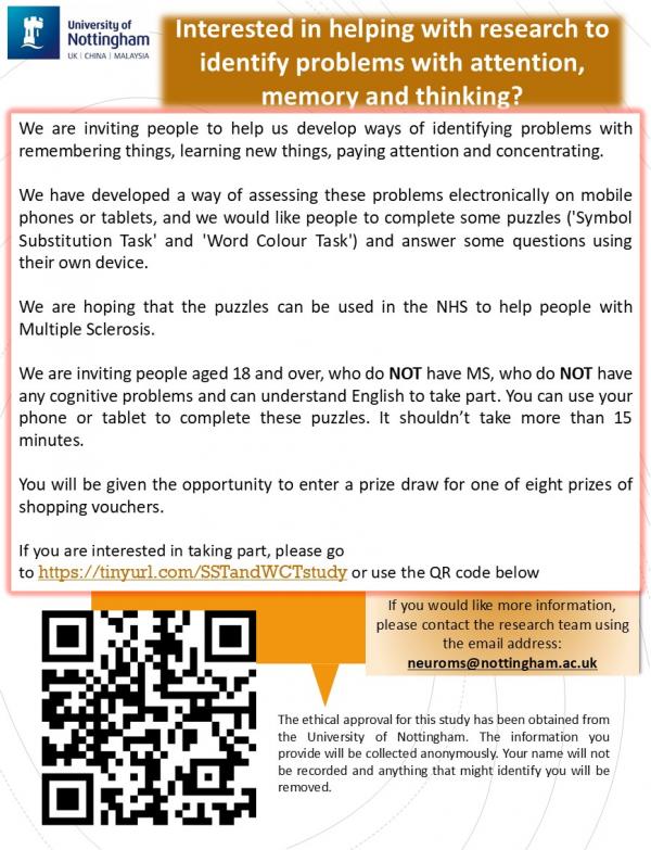 NEUROMS study poster. Interested in helping with research to identify problems with attention, memory and thinking?