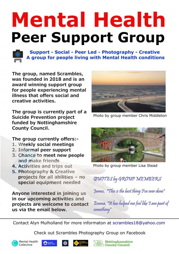 Mental Health peer support group 'scrambles' group information poster