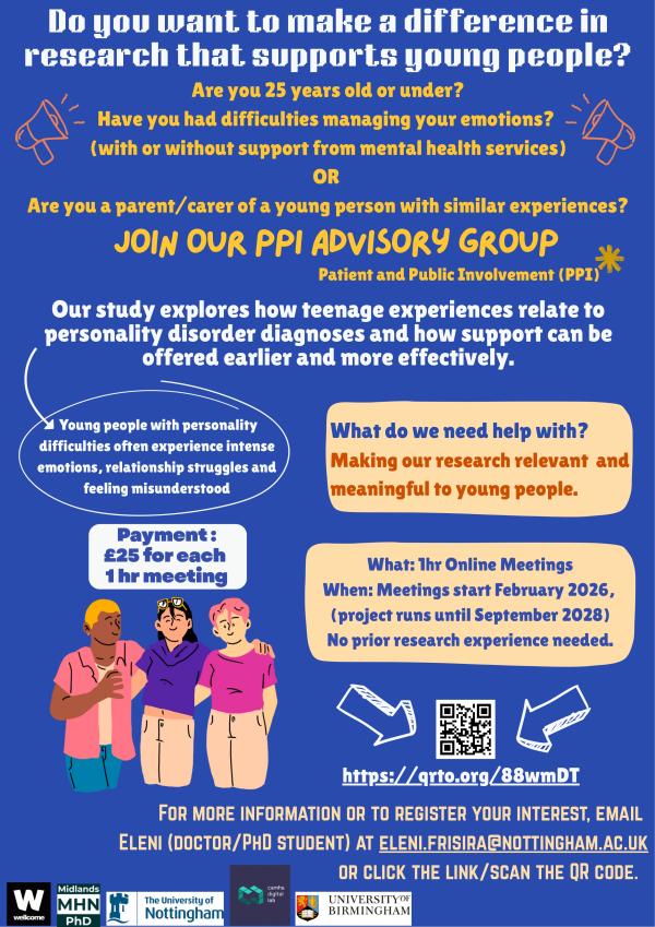 Join our PPI advisory group poster. 'Do you want to make a difference in research that supports young people?'  QR code on the bottom right. 