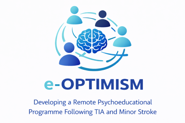 e-optimism study logo. Icons of people around a brain. Developing a remote psychoeducational programme following TIA and minor stroke