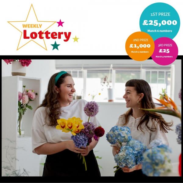 Polaroid pictures of two people talking to each other illustrating Autism Hampshire's services. Text states: 'Weekly Lottery 1st prize £25,000 match six numbers, 2nd prize £1,000 match five numbers, 3rd prize £25 match four numbers.
