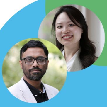 A photograph of two people against a light blue and green background