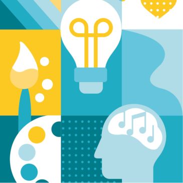 Computer generated images and symbols including an artist's palette, a light bulb, a paintbrush and a head, all in shades of teal and yellow