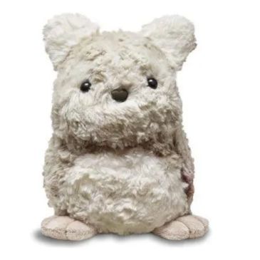 A grey and white soft toy with ears, nose and eyes