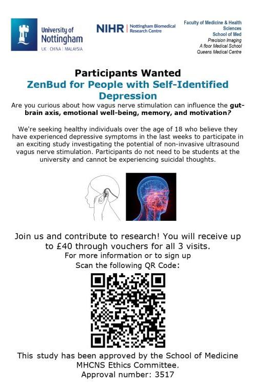 Participant recruitment poster. Zenbud for People with Sel-Identified Depression. Follow the QR code