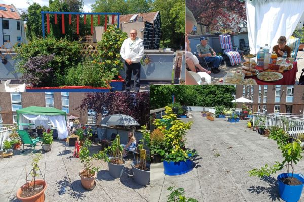 A photo collage showing Mawdeley House residents enjoying an afternoon on the terrace and garden displays