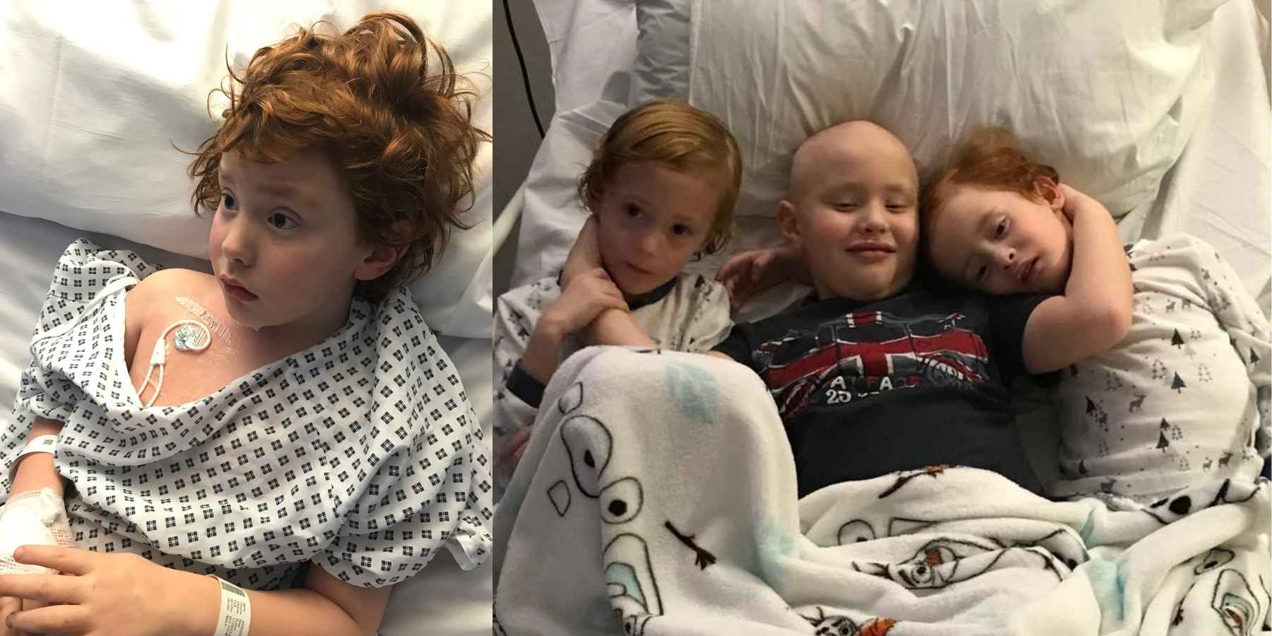 A young boy with curly, dark auburn hair wearing a hospital gown and a wire in his upper chest. he looks tired and worried. In the next photo, a little boy who has lost his hair through chemotherapy is lying on a bed with his arms around his little brothers in their pyjamas