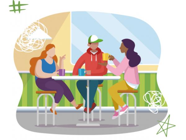 NottAlone graphic, three people sat together drinking coffee